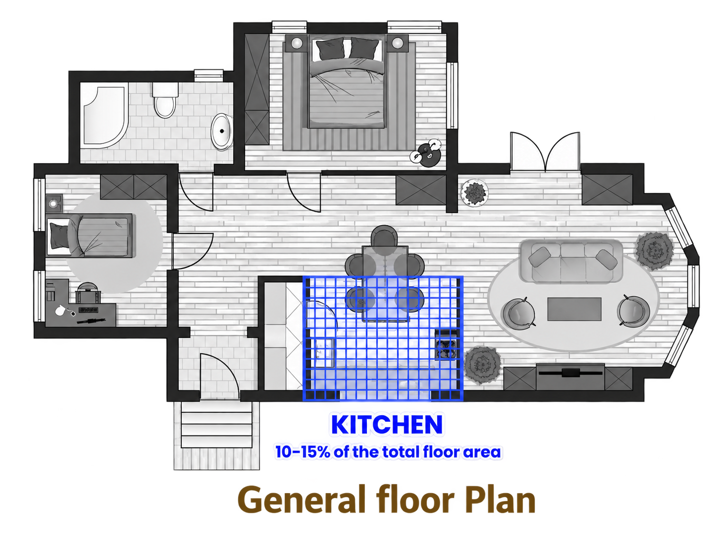 General home floor plan with the kitchen area highlighted