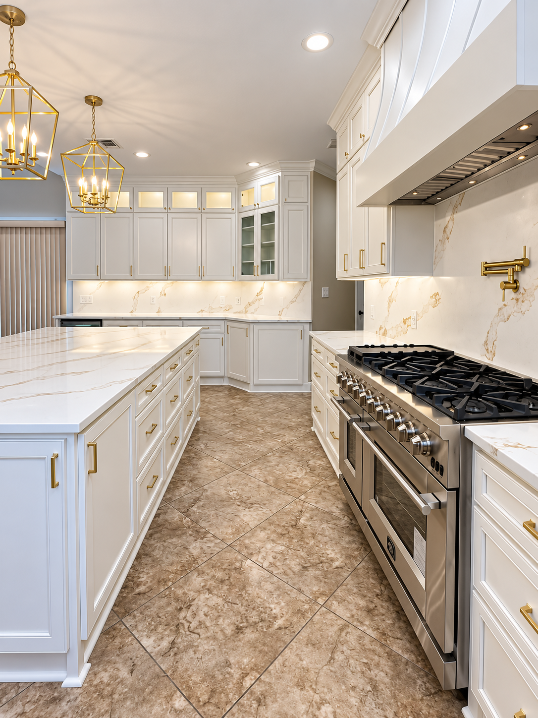 Completed white kitchen with gold hardware, an island and a stainless steel range
